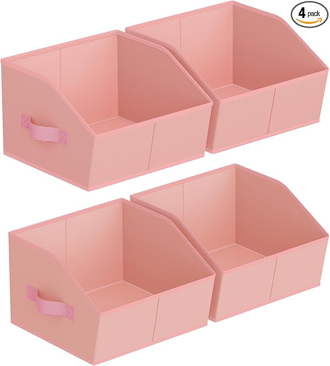 Storage Bins for Shelves - Small Trapezoid Closet Shelf Organizer, Fabric Organization Bins with Handles, Storage Baskets for Clothes, Towel, Purse, 4 Pack, Pink