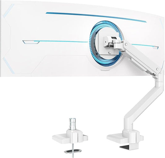 Premium Heavy Duty Monitor Arm for 17 to 49 inch Screens up to 44lbs, Fully Adjustable Ultrawide Single Clamp-on Desk Mount Stand, VESA 75x75/100x100mm (White)