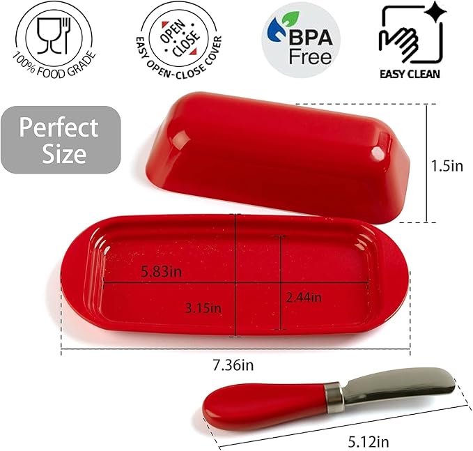 Butter Dish with Lid and Knife, Durable Countertop & Fridge Butter Keeper, BPA-Free Melamine Butter Container, Dishwasher Safe, Fits East/West Coast Butter Sticks (Red)