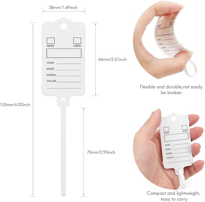 200 Car Key Tags with Labels Plastic Car Dealership Key Tags Self Locking Automotive Identifiers Blank Shop Labels with One Pen (White)