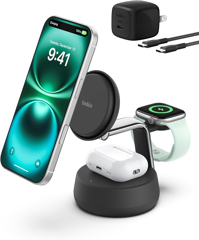 Belkin MagSafe Charger Compatible, 3-in-1 Charging Station, Qi2.2 25W w/Cooling Fan (On/Off Control) Magnetic Wireless Charger for iPhone 17, Apple Watch, AirPods, Pixel 10 (45W Adapter Included)
