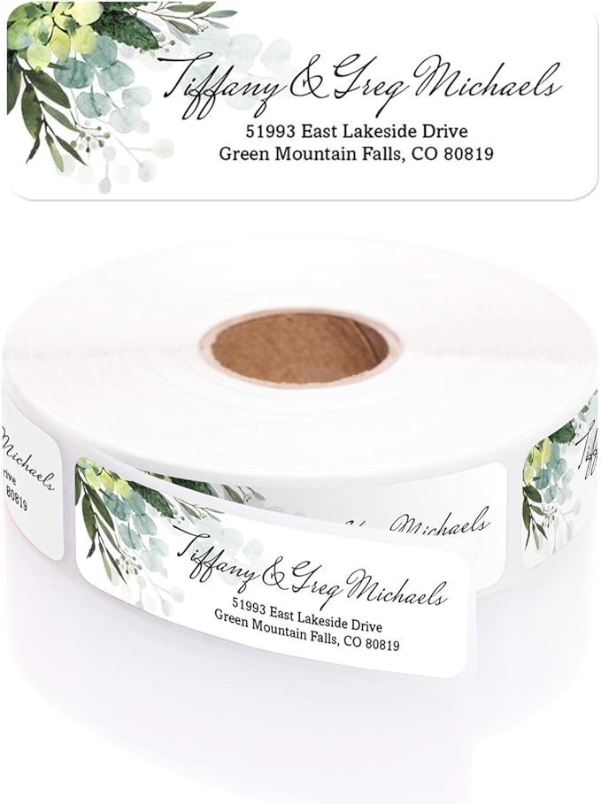Floral Greenery Rolled Address Labels/Roll of 500 Personalized Address Labels/Designer Return Address Stickers in Elegant Plastic Dispenser