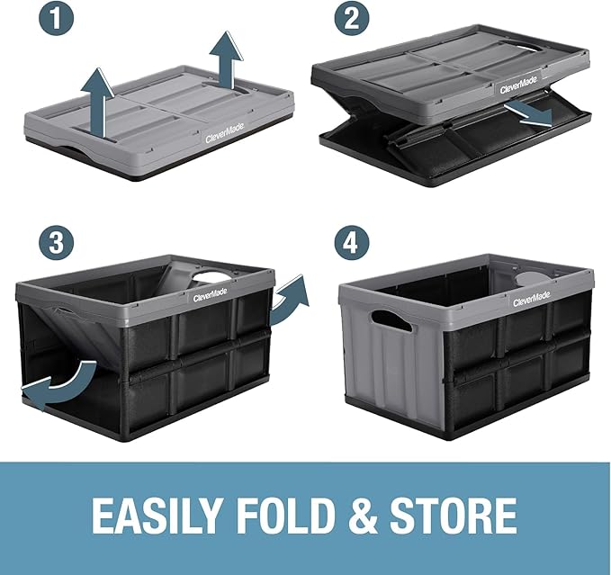 CleverMade Collapsible Storage Bins - Obsidian 3 Pack 62L - Stackable Containers Heavy Duty Capacity Folding Crates - Space-Saving for Home