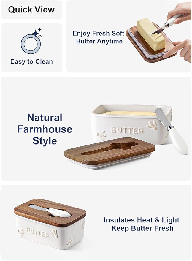 LE TAUCI Butter Dish with Lid for Countertop, Ceramic Butter Container, Embossed Butter Keeper with Acacia Wood lid, Knife, and Airtight Cover, Farmhouse Decor - Set of 1, Arctic White, Bee Pattern