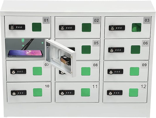 12 Slot Cellphone Charging Station, Locker Charging Station with Multiple Protection Function 3In1 Charging Ports and Plug-in Power Cord Combination Lock Mini Storage for Schools Airports Etc