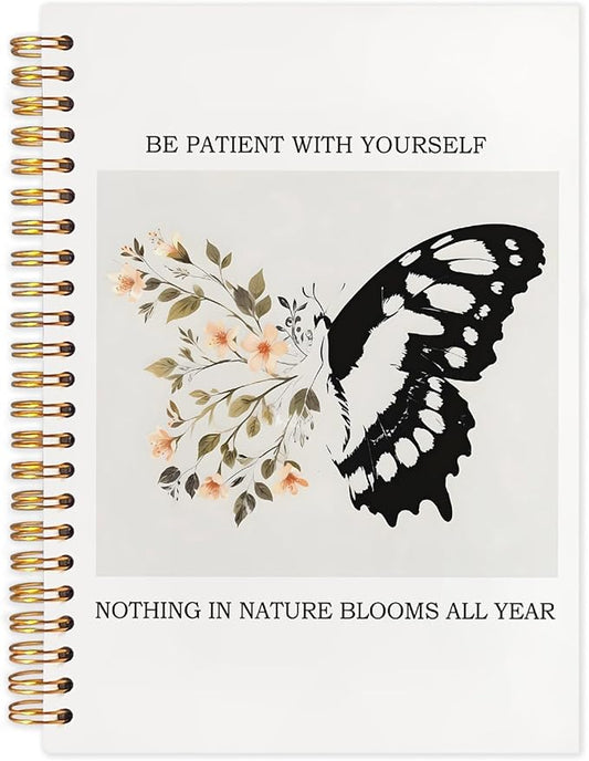 SNNDER Inspirational Butterfly Notebook Journal, Be Patient with Yourself Therapy Mental Health Journal for Women, Encouragement Gifts for Women, Hardcover Spiral Notebooks 5.5x8.3 Inch