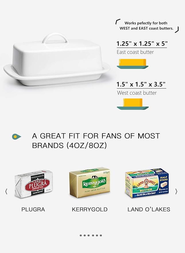 Sweese Large Butter Dish with Lid for Countertop, Porcelain 8oz Butter Keeper with Handle Cover Design, 7.7 Inch Butter Container Perfect for East/West Coast Butter, White