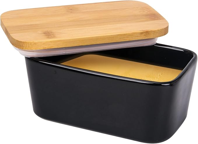 Butter Dish with Lid,Extra Large 650ml,Porcelain Keeper with Bamboo Lid Cover for 2 Sticks of Butter,Microwave Safe Easy Clean Butter Storage Container for Countertop Refrigerator (Black)