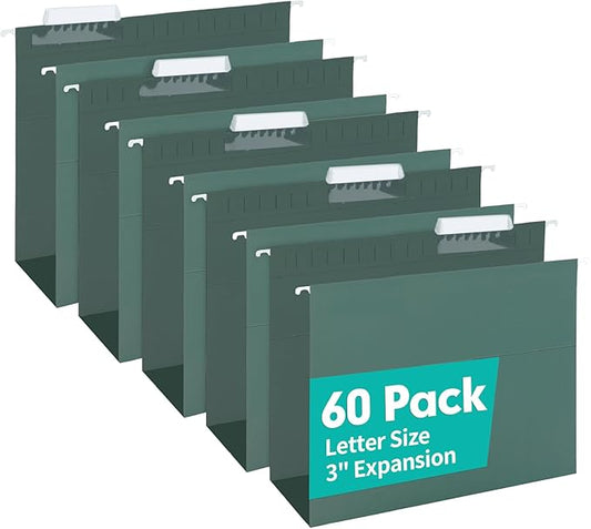 HERKKA Extra Capacity Hanging File Folders, 60 Pack Reinforced Letter Size Hanging Folders with Heavy Duty 3 Inch Expansion, Designed for Bulky Files, Medical Charts, Green
