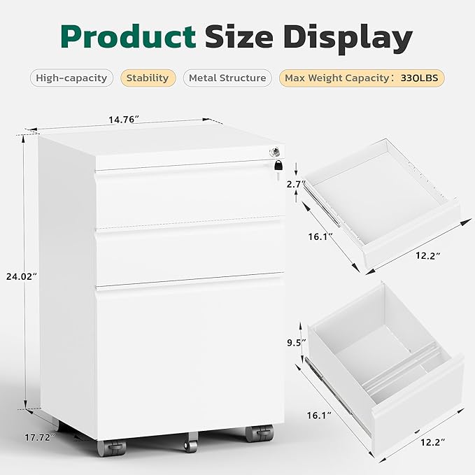 Greenvelly 3 Drawer Mobile File Cabinet with Lock, Fully Assembled Rolling File Cabinet Except Casters, Under Desk File Cabinet with Wheels for Home Office Fit Legal/Letter/A4 File (Assembled, White)