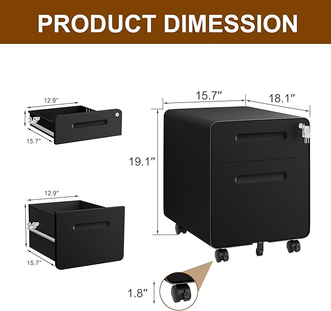 2 Drawer File Cabinet with Lock and 4 Keys, Mobile Metal Filing Cabinet, File Cabinets for Home Office, Under Desk, Pre-Assembly, File Drawer, Letter/Legal/A4 Hanging File Folders