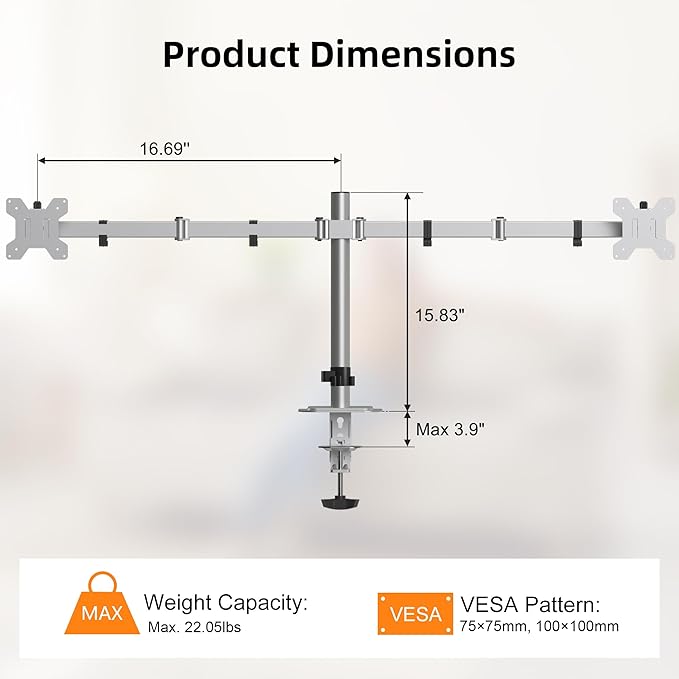 Pholiten Dual Monitor Stand, Heavy Duty Adjustable Monitor Arm Desk Mount for 2 Screens up to 38Inches, Tilt, Swivel, Rotate, Supports Tilt, Swivel, Rotate, Supports 22 lbs per Arm,Silver