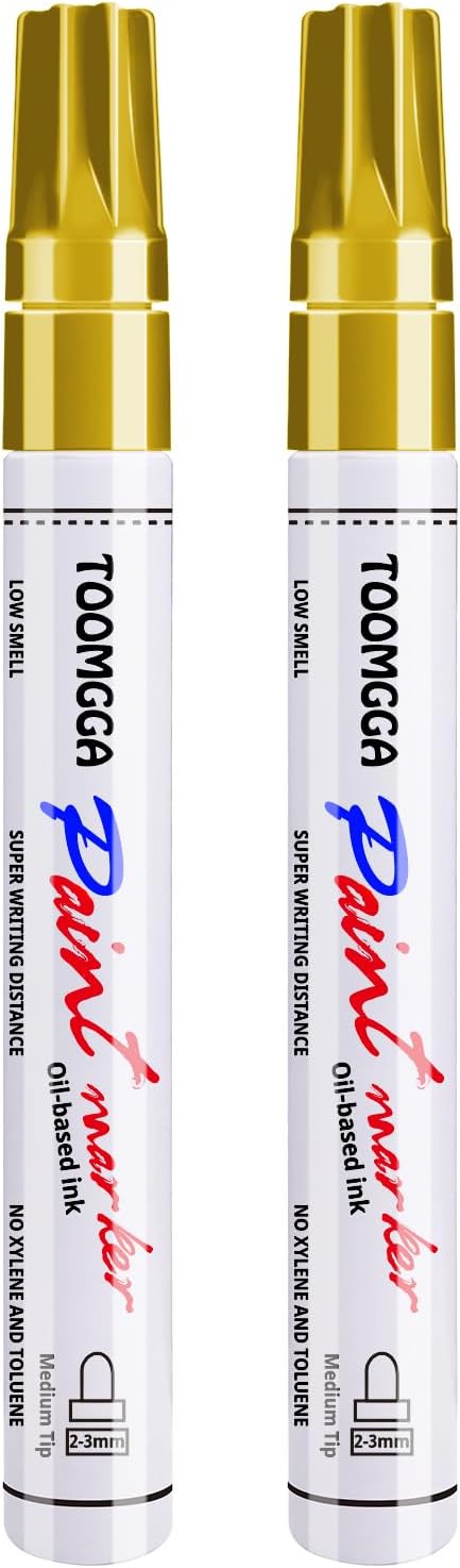 Gold Paint Pens Permanent Paint Markers 2 Pack Oil Based Markers, Quick Drying and Waterproof Marker Pen, Car Tire, Metal, Rock Painting, Wood, Ceramic, Plastic, Canvas, Mugs, Medium Tip