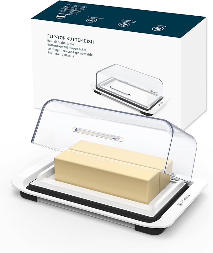 KITCHENDAO Airtight Flip-Top Butter Dish with Lid for Countertop and Refrigerator, Butter Keeper, Plastic Butter Holder Tray for 2 Sticks East Coast/West Coast/European Style/ Kerrygold Butter
