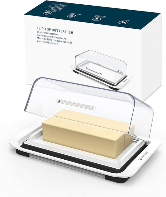 KITCHENDAO Airtight Flip-Top Butter Dish with Lid for Countertop and Refrigerator, Butter Keeper, Plastic Butter Holder Tray for 2 Sticks East Coast/West Coast/European Style/ Kerrygold Butter