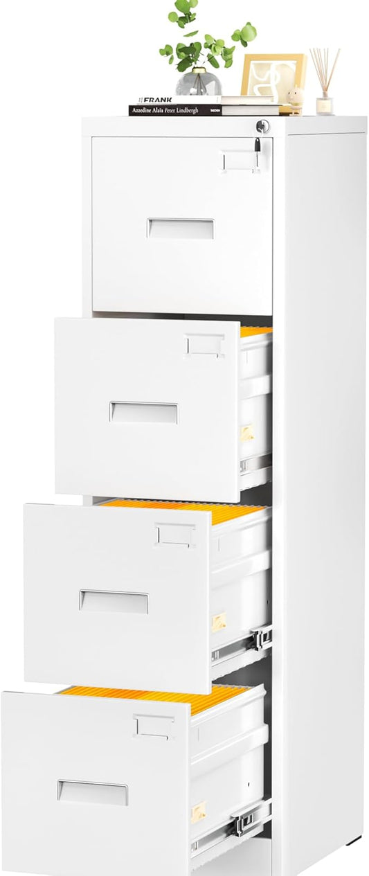 INTERGREAT 4 Drawers File Cabinet with Lock, 18" D Vertical Filing Cabinet for Home Office, Metal White File Cabinet for Hanging Letter/F4/A4/Legal Folders, Easy Assemble