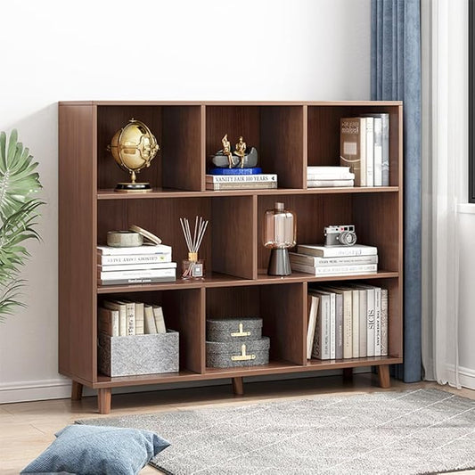 IOTXY Open Cube Low Bookcase - 3-Tier Freestanding Storage Display Cabinet Organizer with Legs for Home Office, 8-Cubes Open Shelf Short Bookshelf, Walnut