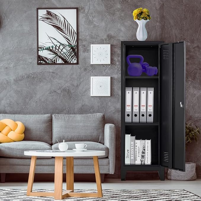 Metal Cabinet, 47" H Home Office Storage Lockers, Vertical Steel Storage Cabinet with Locking Door and 2 Adjustable Shelves, Small Metal Locker Cabinets (1 Door, Black)