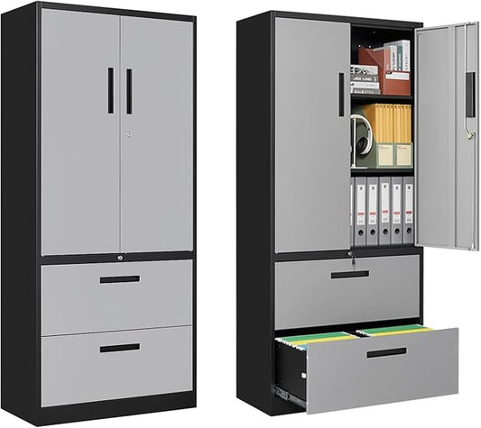 2-Drawer Metal File Cabinet,Lateral Filing Cabinets for Home Office,Locking File Cabinet with Storage Shelves,Legal/Letter/A4 Size Office File Cabinets(Black Grey, Assemble Required)