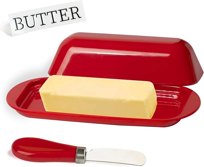 Butter Dish with Lid and Knife, Durable Countertop & Fridge Butter Keeper, BPA-Free Melamine Butter Container, Dishwasher Safe, Fits East/West Coast Butter Sticks (Red)