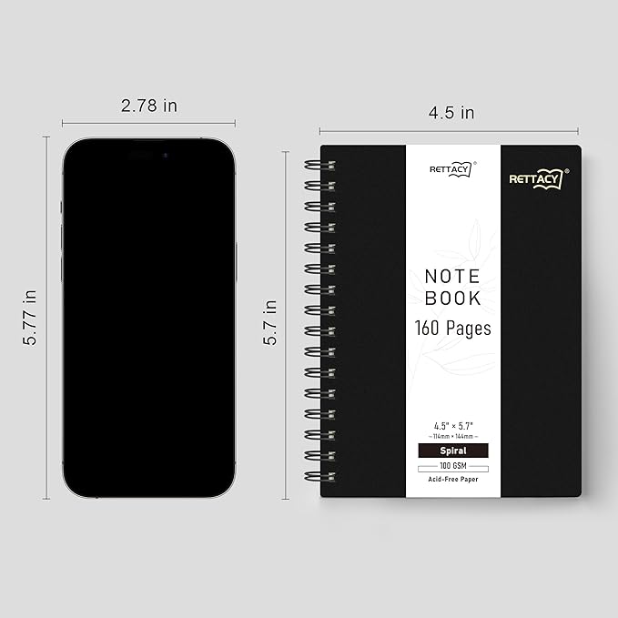 RETTACY Pocket Journal Notebook, 160 Lined Pages, A6 Mini Small Size (4.5" × 5.7"), for Work, Journaling, Writing, 100 GSM Thick Paper, Spiral-bound, Flexible Plastic Cover (Black)
