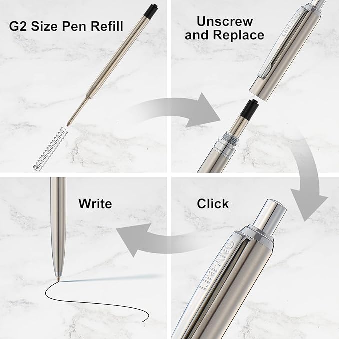 LINFANC 8 Pack Ballpoint Pens, Premium Retractable Metal Ballpoint Pen, Medium Point 1.0mm Black Ink Pen for Home School Work Office Supplies, Stainless Steel Trim, Extra 8 Refills