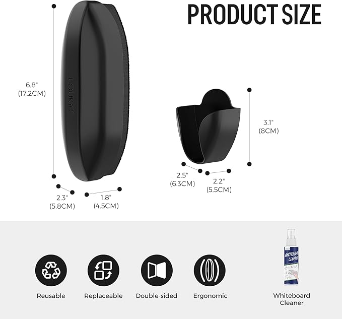 loukin Replaceable Dry Erase Eraser, Double-Sided Whiteboard Eraser with Magnetic Holder, Precision-Point Glass Board Wiper for Classroom, Home and Office (Whiteboard Cleaner Included), Black (Black)