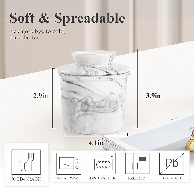 Butter Crock for Counter with Water, French Butter Keeper for Spreadable Butter Marble Ceramic Butter Dish with Lid for Countertop, Butter Container Holder