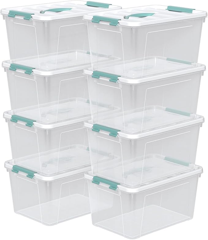 14 Quarts Latching Storage Containers, 8-Pack Clear Plastic Tote Boxes with Lids and Handles