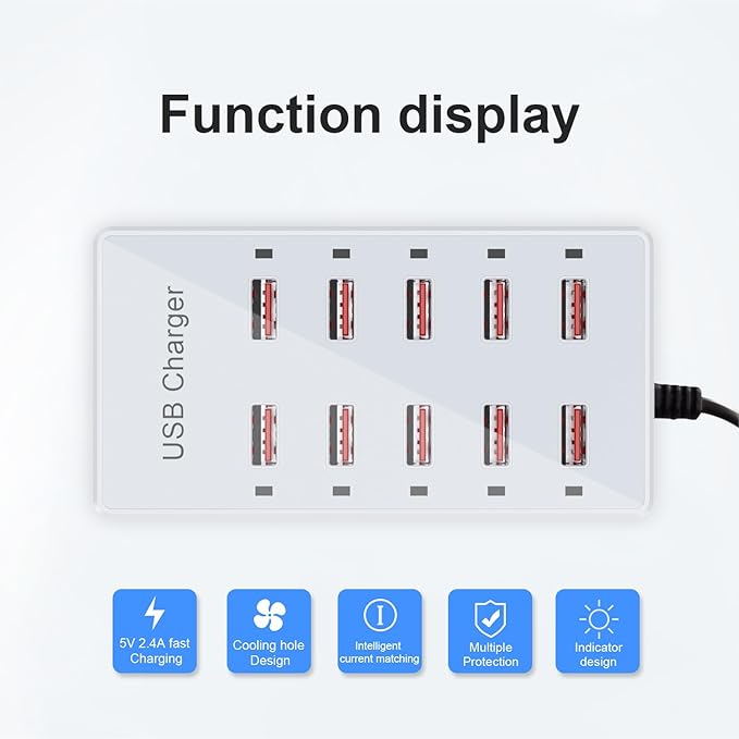 Cell Phone Wall Charger USB Charging Station for Multiple Devices 10 Ports Power Strip Charging Hub Smart Plug Charge Block Dock for iPhone 15/14/13/iPad iPod Galaxy Watches Android Phones