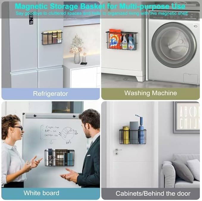 2 Pack Magnetic Wire Storage Baskets, Metal Strong Magnet Hanging Wire Storage Basket Organizer Holder, Magnetic Storage Bin Box Containers for Refrigerator/Whiteboard Classroom/Fridge /Locker