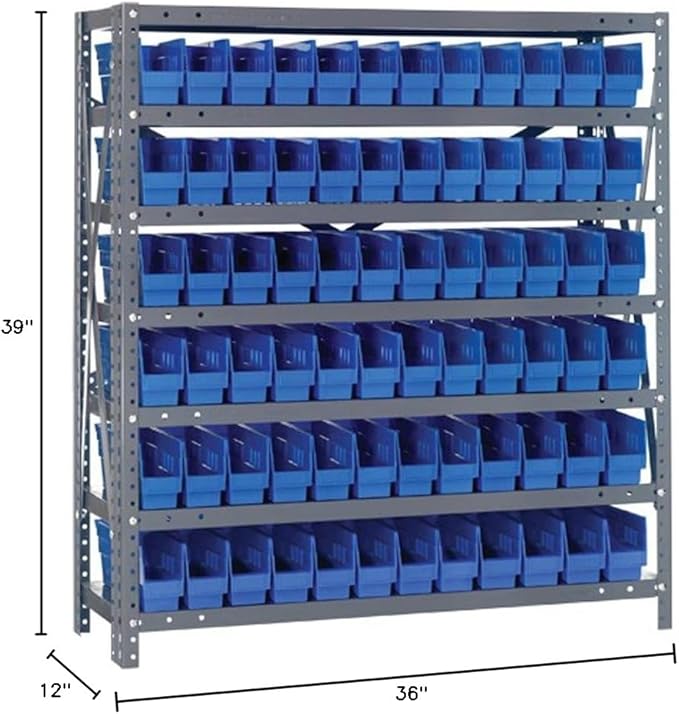 Quantum Storage Systems 1239-100BL Steel Shelving Unit with 4" Shelf Bins, 12" D x 36" W x 39" H, Blue