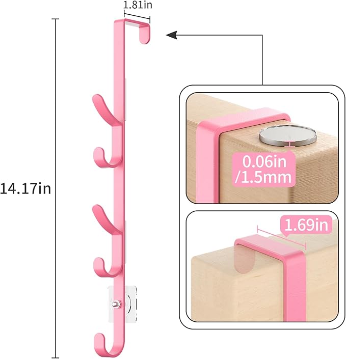 Over The Door Hooks, Metal Door Hooks for Hanging, Over The Door Purse Organizer for Coat Hanger, Back of Shower Door for Hanging Towel Rack Clothes, Hat, Bathroom, Closet (Pink-4Packs)