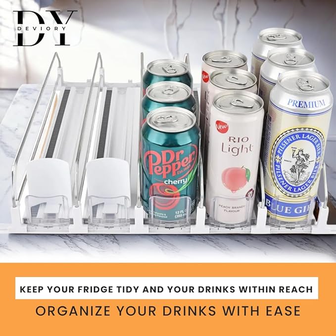 Soda Can Organizer with Automatic Can Pusher | Refrigerator Drink Organizer | Beverage Dispenser for Soda, Cans and Bottles | Space-Saving | Stainless Steel | Adjustable Sizes (5 Rows)