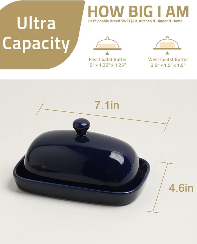 Sweejar Ceramic Butter Dish with Lid for Countertop,Porcelain Butter Keeper with Knob Handle,Butter Container for East/West Coast Butter, 7.1*3.7 inches (Navy)