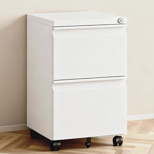 2 Drawer File Cabinet with Lock,Under Desk Rolling Small Filing Cabinet for Home Office Storage, Mobile Steel Cabinets with Wheels, Fully Assembled, White