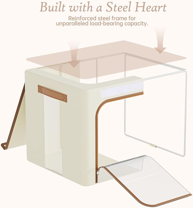 Yecaye Clothes Storage Bins with Metal Frame, Foldable Clothing Storage Bin with Lid, Stackable Oxford Fabric Organizer Box With Clear Window & Zippers & PU Leather Handles (3 Pack,Beige,66L)