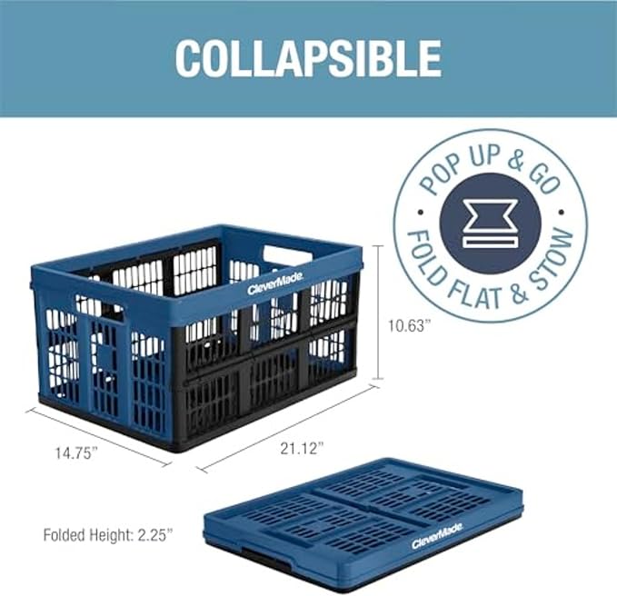 CleverMade Collapsible Utility Crates - Ocean 3 Pack 45L / 11 Gal holds 66 lbs - Stackable Containers Heavy Duty Capacity Crates Space-Saving Baskets