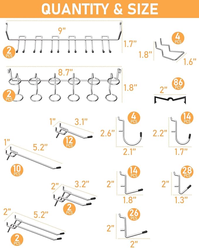 INCLY Pegboard Hooks Set for Hanging Tools, 206PCS Heavy Duty Peg Hook Hanger & Holder Fit 1/4 1/8 Inch Pegboard for Craft Assortment Garage Organizer Bins Attachment Peg Board Accessories