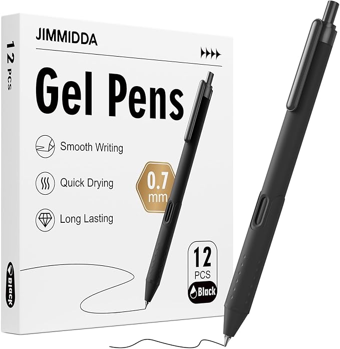 12 Pack Black Pens - 0.7mm Gel Pens Black Ink Quick-Drying Smooth Writing - Comfort Grip Retractable Pen for Journaling, Cute School & Office Supplies Home Work (12 Count, Black Ink)