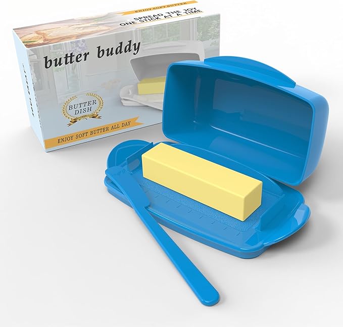 Butter Dishes with Lid for Countertop Refrigerator, Plastic Butter Dish Clear Flip Top Lid Butter Container with Spreader, Non-Slip Bottom Butter Holder Keeper (Blue)