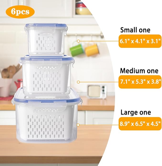 6 PCS Fruit Storage Containers for Fridge with Removable Colanders, Airtight Food Storage Container with Lids, Produce Saver, Leakproof Fridge Organizer Bins for Salad Berry Vegetables Keep Fresh