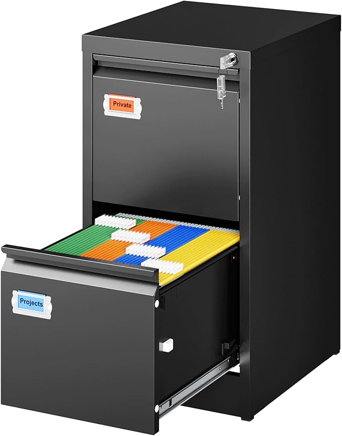 2-Drawer File Cabinet, 16.3" Deep Vertical Metal Filing Cabinet with Lock for Home Office, Anti-Tip 2 Storage Drawers for Letter/Legal/A4/F4 Size (Assemble Required, Black)