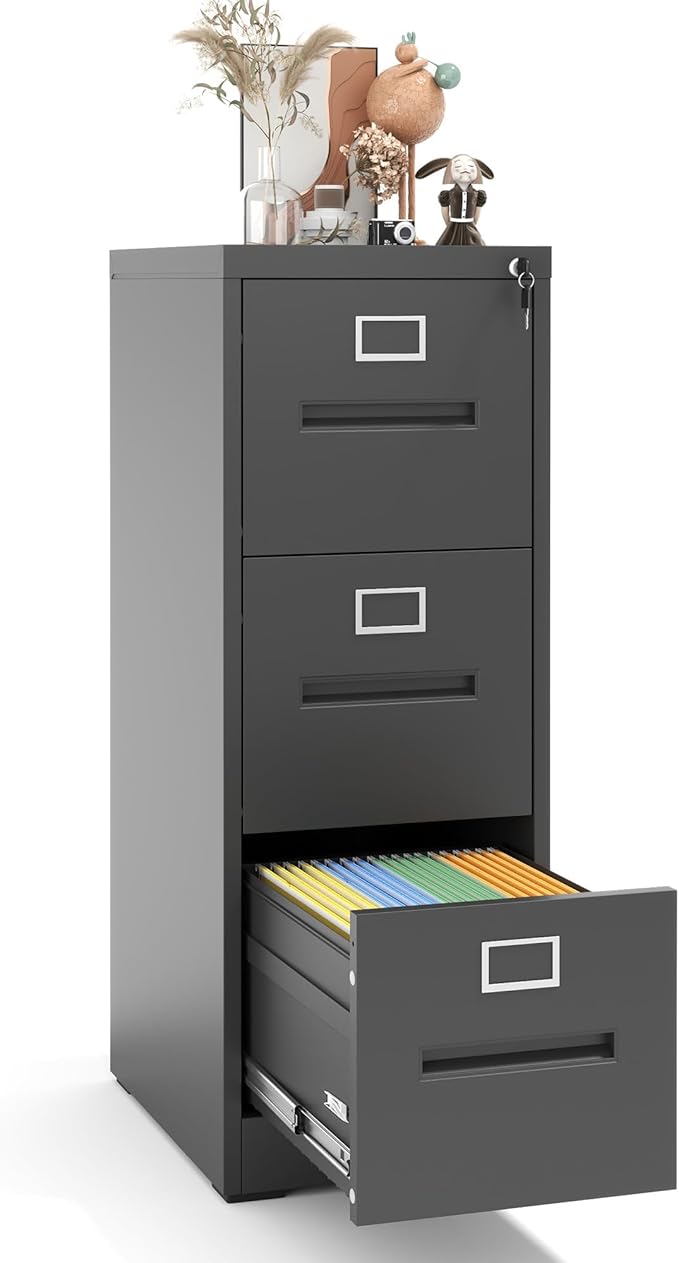 3 Drawer File Cabinet with Lock, Vertical Metal Filing Storage Cabinet for Home Office, Steel Locking File Cabinets for A4 Legal/Letter Folders,Silent Sliding Drawers, Assembly Required (Black)