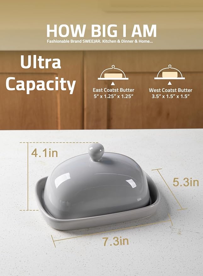 Sweejar Ceramic Butter Dish with Lid for Countertop,Porcelain Butter Keeper with Knob Handle,Butter Container for East/West Coast Butter, 7.3*4.1 inches (Gray)
