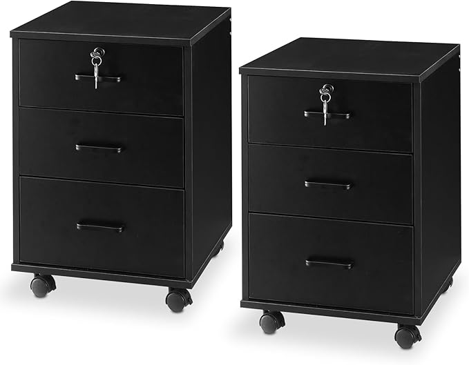 TUKAILAi Mobile File Cabinet with 3 Drawers, Lockable Storage Unit Wooden Rolling Office Filing Cabinet with Wheels, for Legal/Letter/A4 Sized Documents Home Office (Black 2PCS)