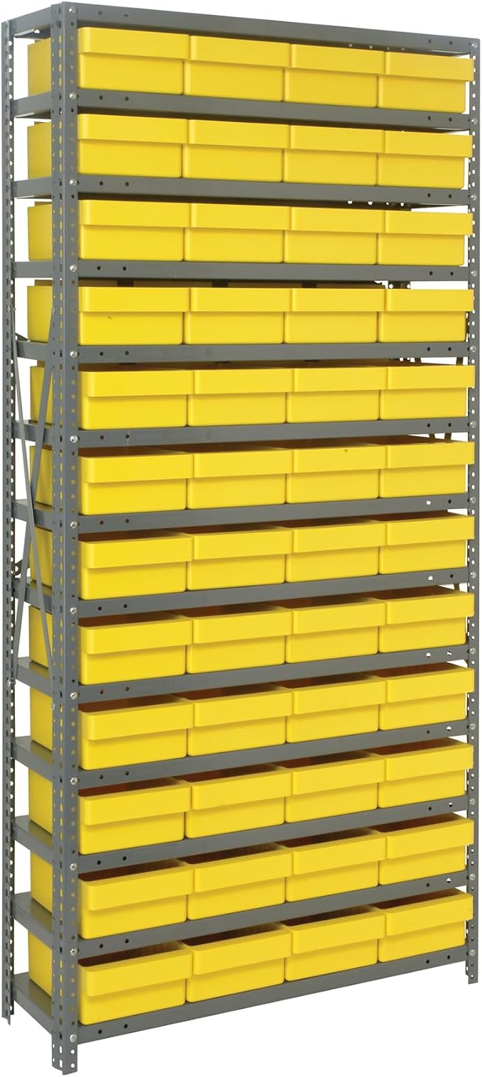 Quantum 1875-606YL Heavy Duty Shelving Unit with (13) Shelves and (48) QED606 Yellow Bins for Industrial Warehouse Storage Distribution | 400 lbs Capacity | 18"D x 36"L x 75"H, Galvanized Carbon Steel