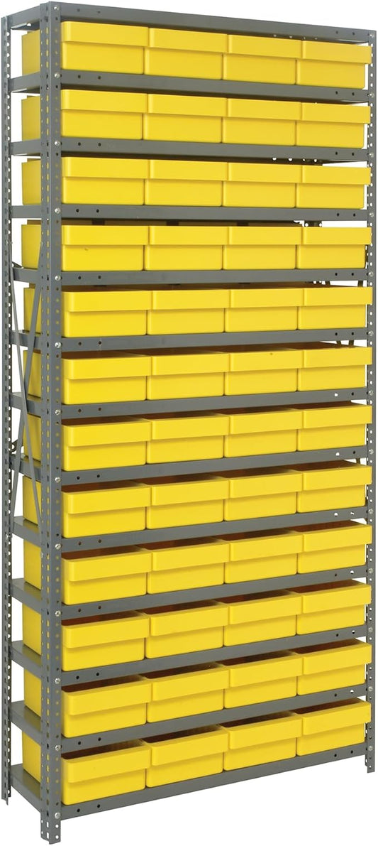 Quantum 1875-606YL Heavy Duty Shelving Unit with (13) Shelves and (48) QED606 Yellow Bins for Industrial Warehouse Storage Distribution | 400 lbs Capacity | 18"D x 36"L x 75"H, Galvanized Carbon Steel