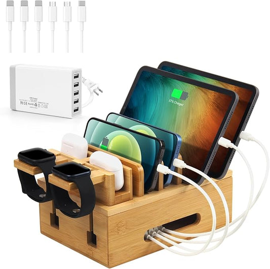 Bamboo Charging Stations for Multi Devices with 5 Port USB Charger, 6 Cables, Desktop Wood Docking Station Charger Organizer for Cell Phones, Tablets,Earphone, Watches
