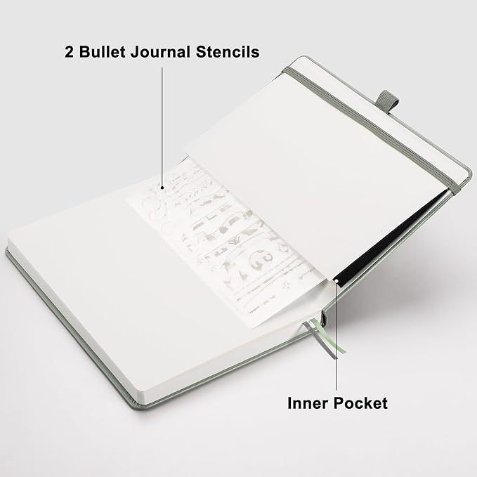 RETTACY Bullet Dotted Journal Notebook, 192 Pages, A5 Medium Size (5.7'' x 8.3''), Leather Hardcover, 100 GSM Thick Paper, for Bullet Journaling, Planning, Tracking (Sage Green)